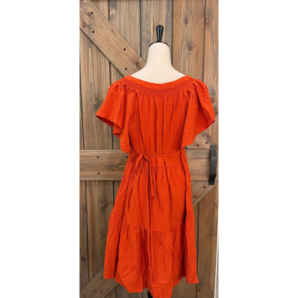 Calvin Klein Orange Textured Tiered V-Neck Midi Dress Womens 10 Short Sleeve - Picture 4 of 5